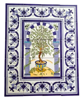Carreaux de bordure peints à la main avec motif floral bleu ornemental.