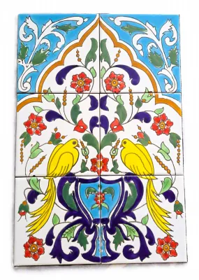 Handbemaltes Fliesenbild mit gelben Vögeln und floralen Motiven, 30x45 cm.