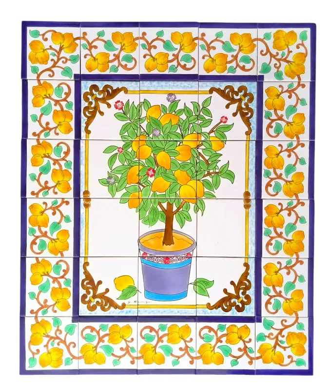 Handbemaltes Fliesenbild Zitronenbaum 75x90cm aus Keramik im mediterranen Stil für die Küchenrückwand.