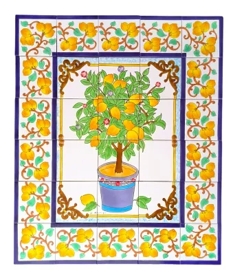 Handbemaltes Fliesenbild Zitronenbaum 75x90cm aus Keramik im mediterranen Stil für die Küchenrückwand.