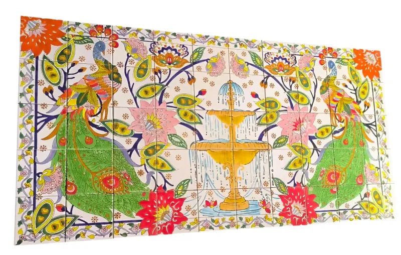 Handbemaltes XXL Fliesenbild Pfau und Brunnen, 50-teilig, 150x75cm, mediterrane Wandgestaltung.