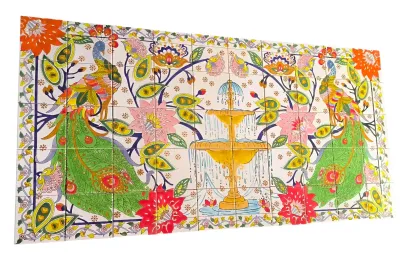 Handbemaltes XXL Fliesenbild Pfau und Brunnen, 50-teilig, 150x75cm, mediterrane Wandgestaltung.