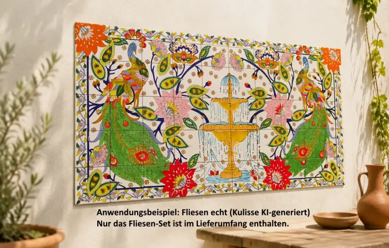 Anwendungsbeispiel: Mediterranes XXL Wandbild mit Brunnen-Motiv als exklusiver Blickfang.