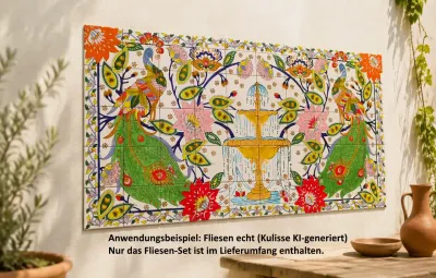 Anwendungsbeispiel: Mediterranes XXL Wandbild mit Brunnen-Motiv als exklusiver Blickfang.
