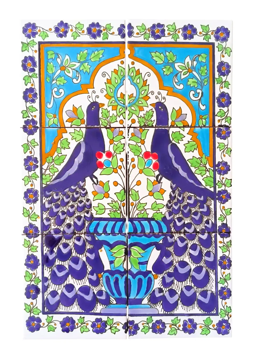 Handbemaltes 6-teiliges Fliesenbild mit Pfauen-Motiv und Azulejos, 30x45cm, mediterrane Keramik.