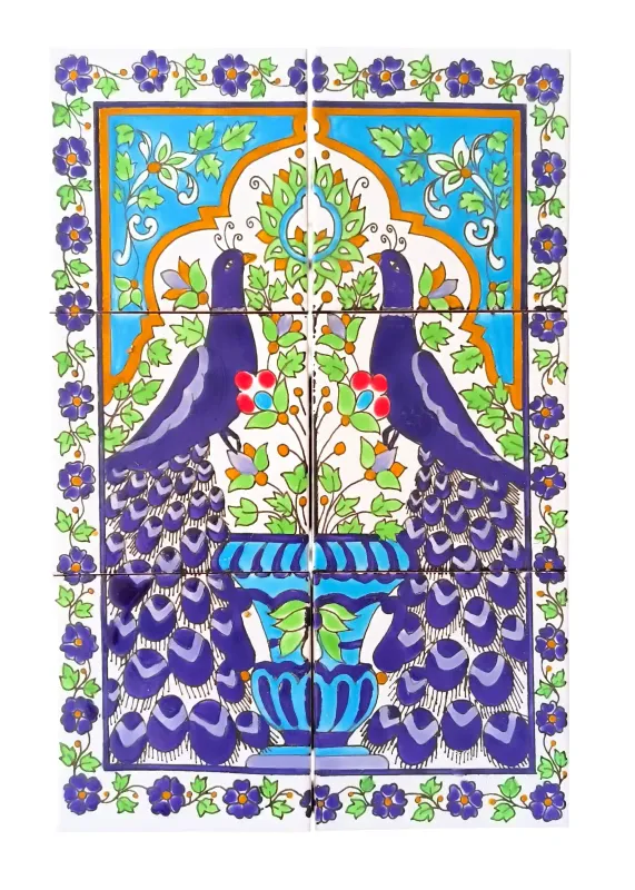 Tableau de carrelage 6 pièces peint à la main motif paon et azulejos, 30x45cm.