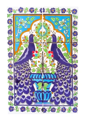 Handbemaltes 6-teiliges Fliesenbild mit Pfauen-Motiv und Azulejos, 30x45cm, mediterrane Keramik.