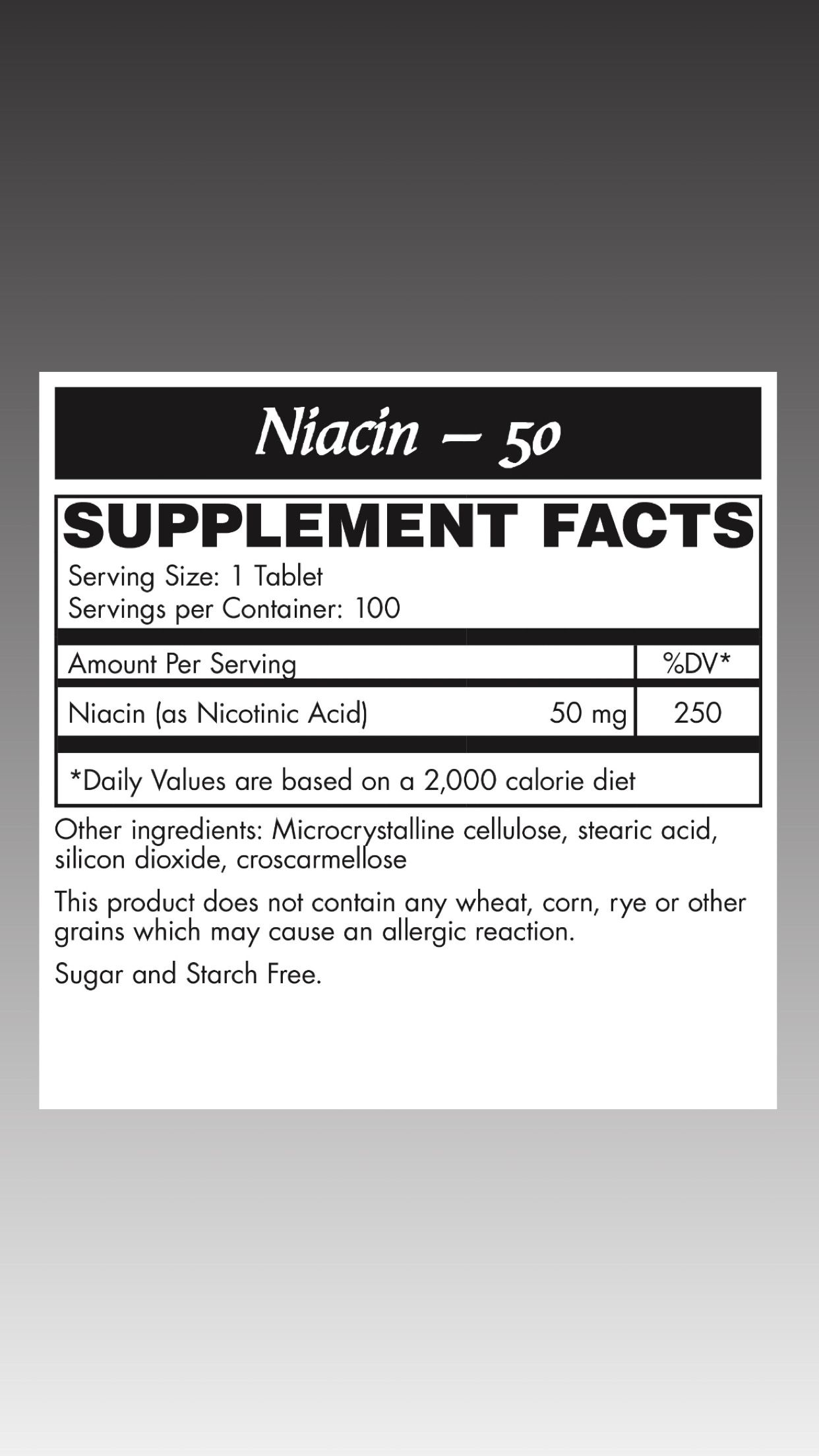 Niacin-50 tablets 100 count