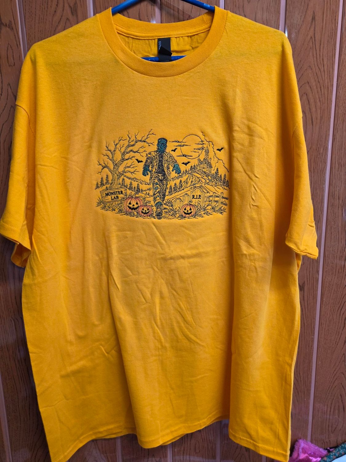 Halloween Tee with a Frankenstein Embroidered on it
