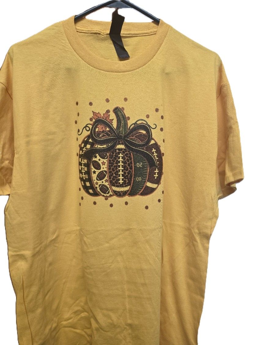 Port &amp; Co Large Yellow Tee with a Football Pumpkin on it