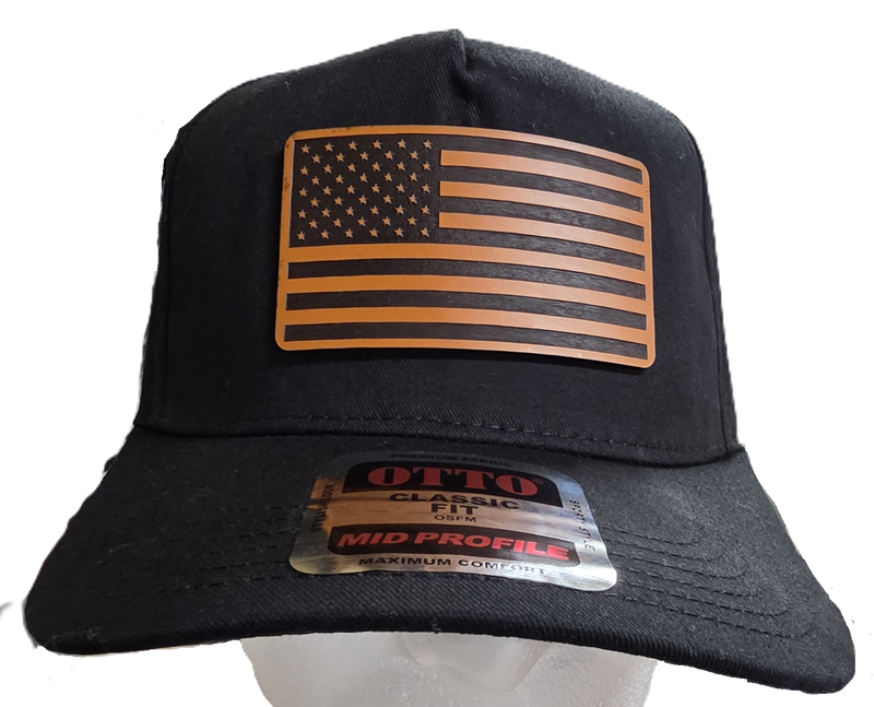 Black 5 Panel Mid Profile Baseball Cap with Leather Flag