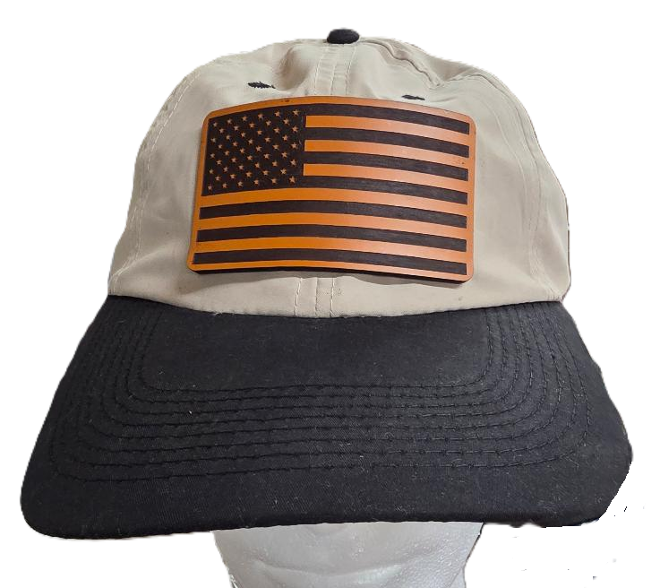 Black Bill Khaki Low Profile Baseball Cap with Leather Flag
