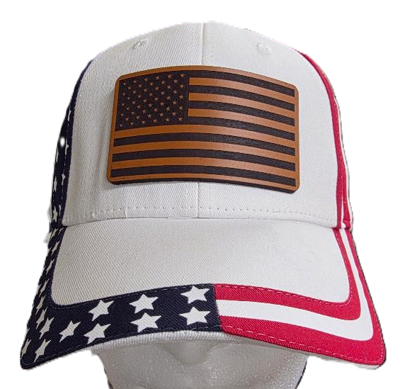 Flag Trimmed White Baseball Cap  with a Leather Flag