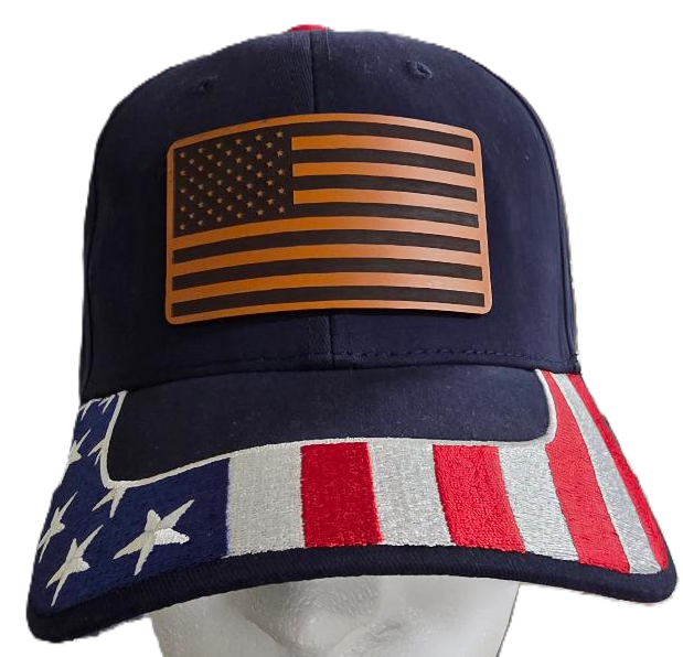 Navy Baseball Cap with Flag Bill and a Leather Flag