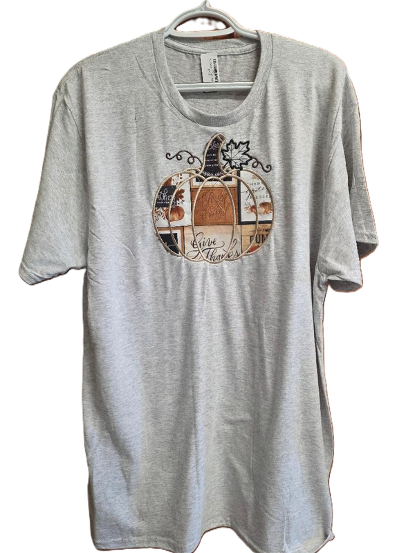 Port &amp; Company Large Ash T Shirt with an Embroidered Pumpkin and Fall Appliqué