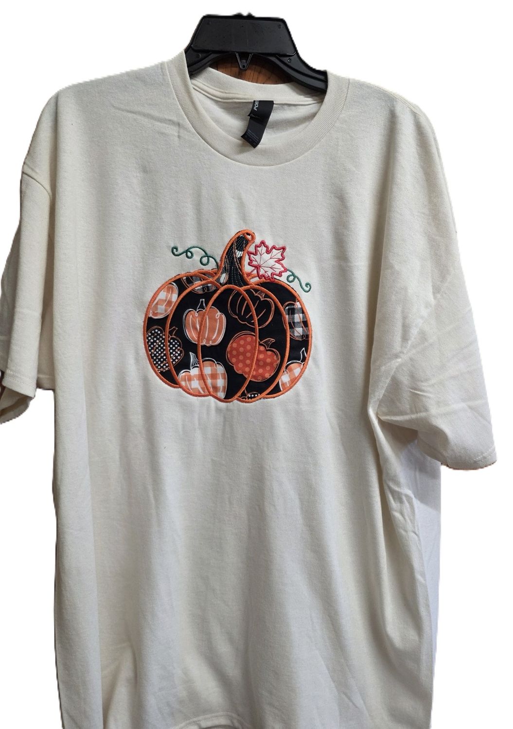 Port &amp; Company Xlarge Ash T Shirt with an Embroidered Pumpkin and Fall Appliqué