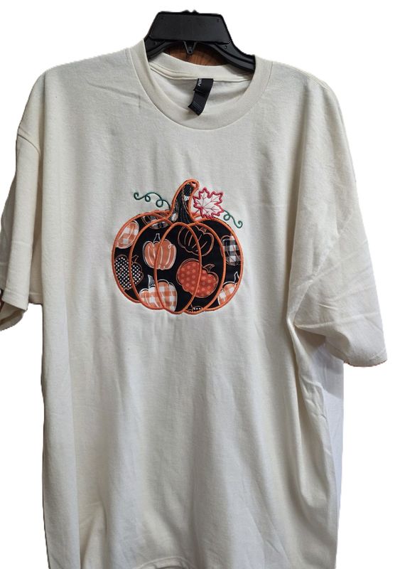 Port &amp; Company Xlarge Ash T Shirt with an Embroidered Pumpkin and Fall Appliqué