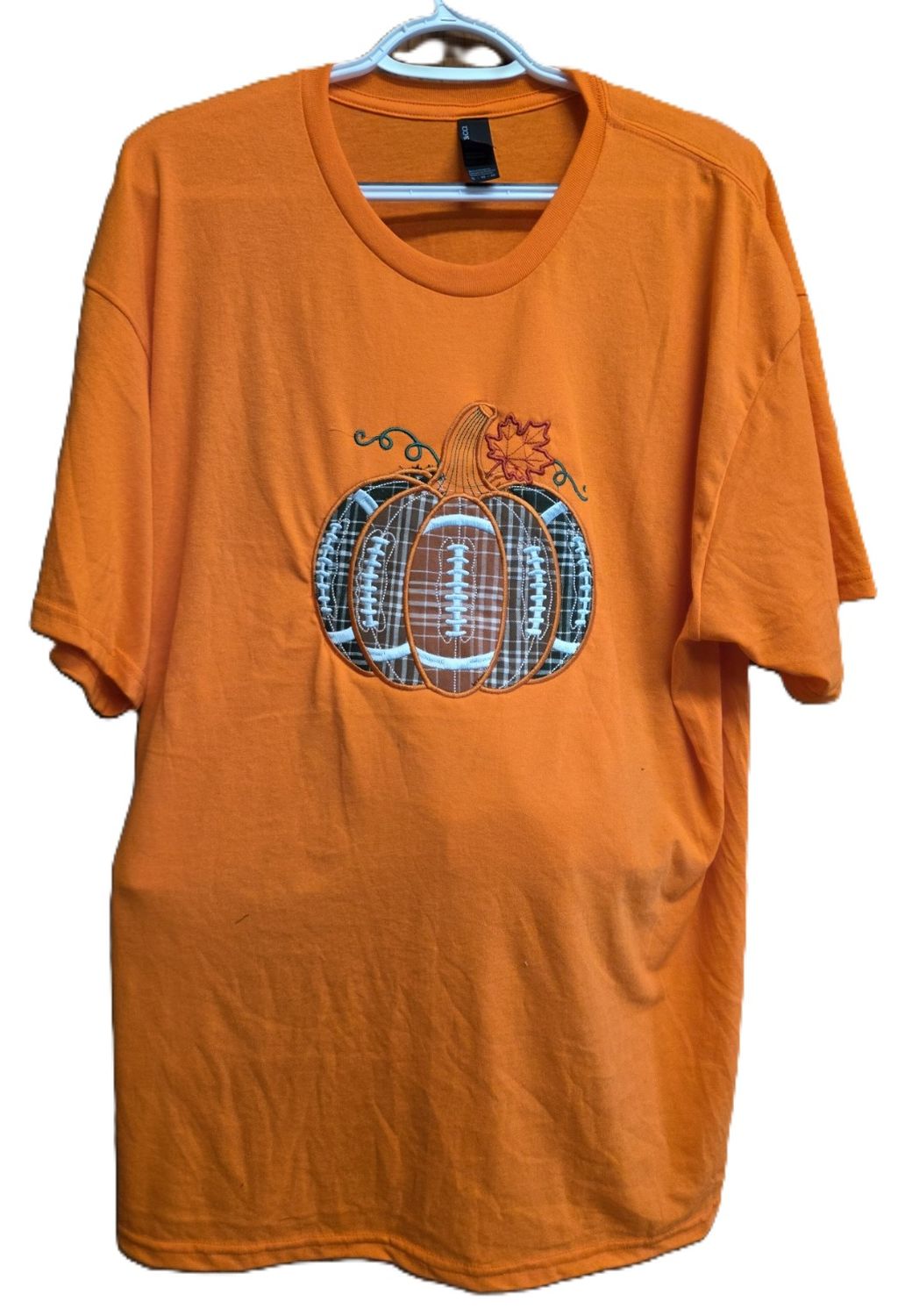 Port &amp; Company Xlarge Orange T Shirt with an Embroidered Pumpkin and Football Appliqué