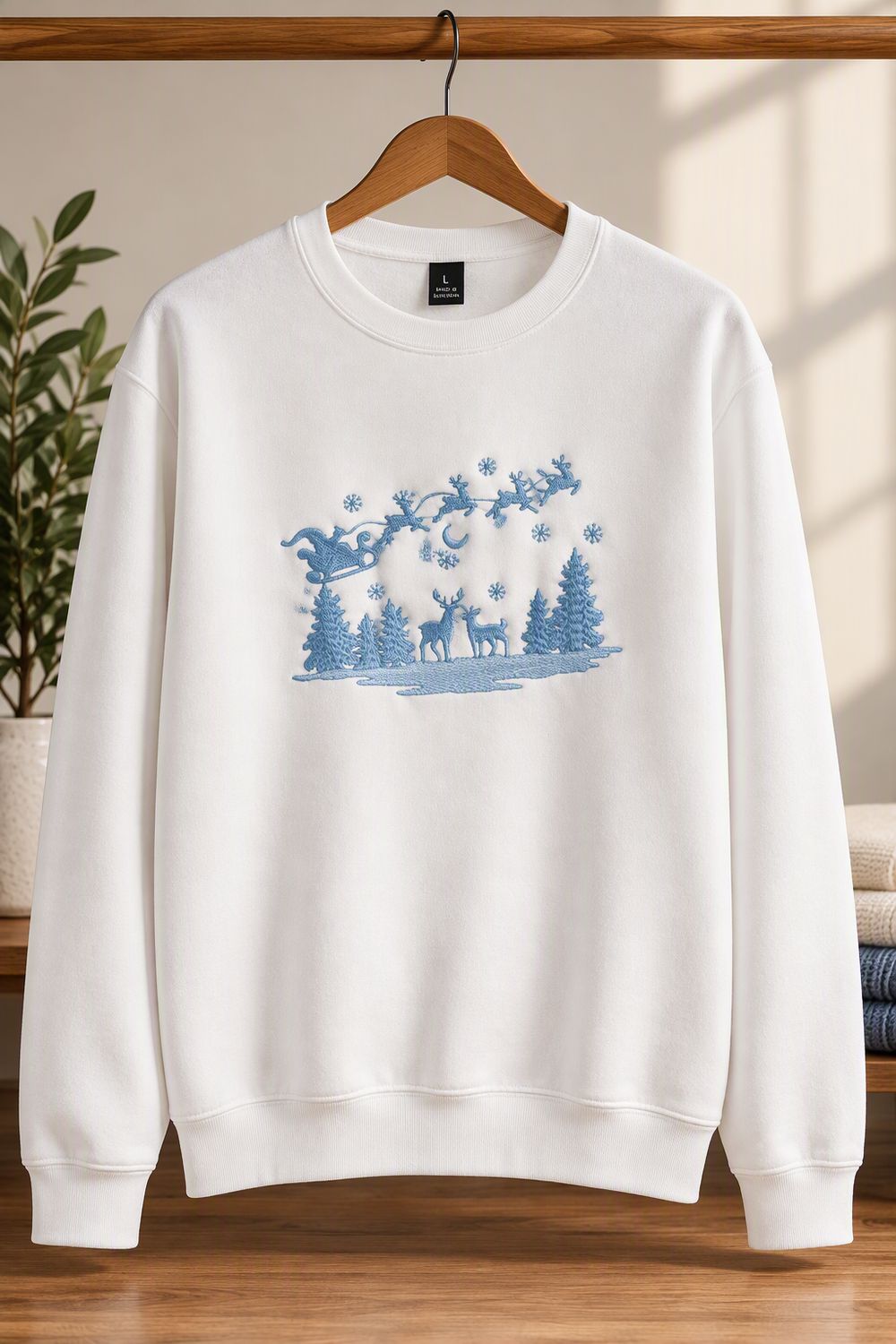Core Fleece Crewneck Sweatshirt with Santa Flying over a Wooded Area