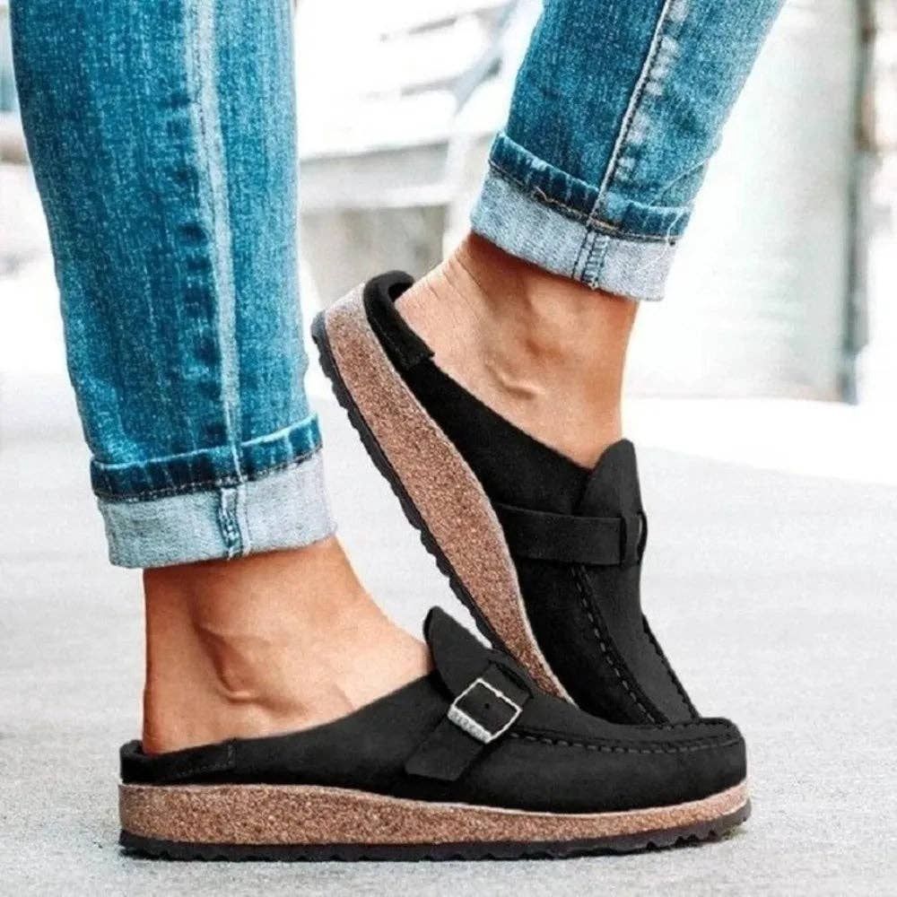 Round Toe Low Heel Buckle Loafers: Black / 38(US7)