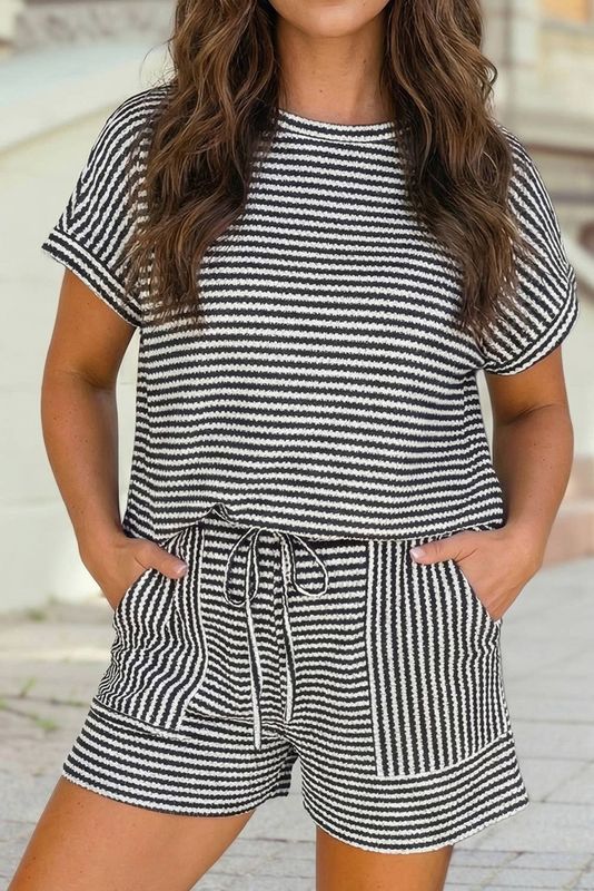 Striped Textured Knit Top and Short 2pc Sets: Black