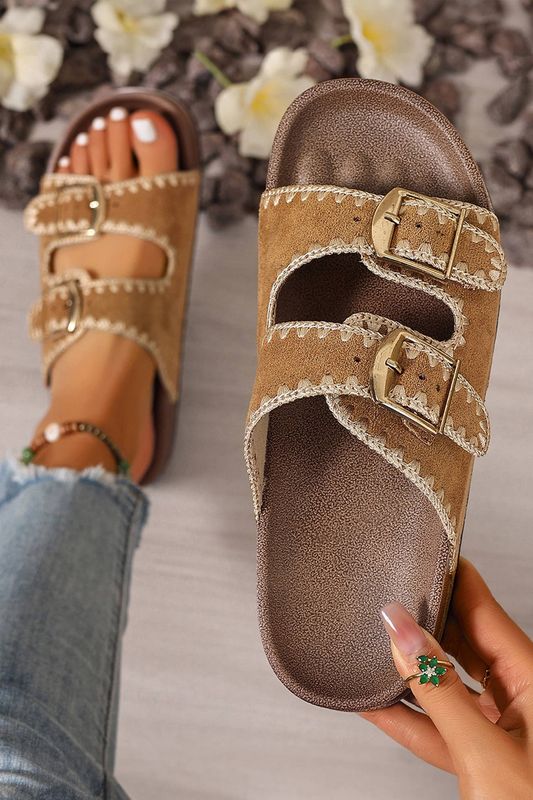 Embroidered Trim Retro Buckle Faux Suede Slippers: Camel