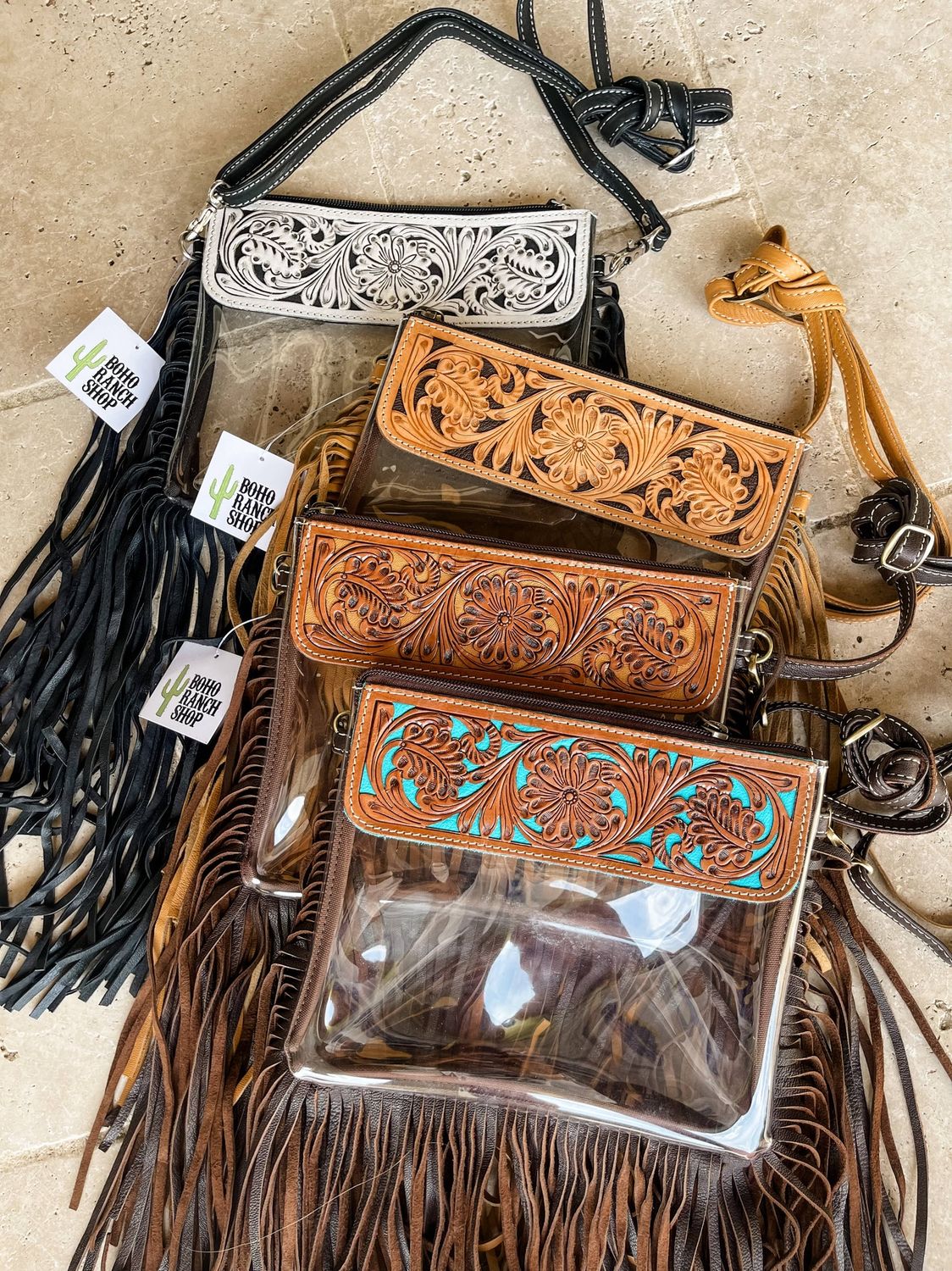 Hand Tooled Clear Purse Crossbody - Concert Game Day Stadium: BLACK/ BLACK