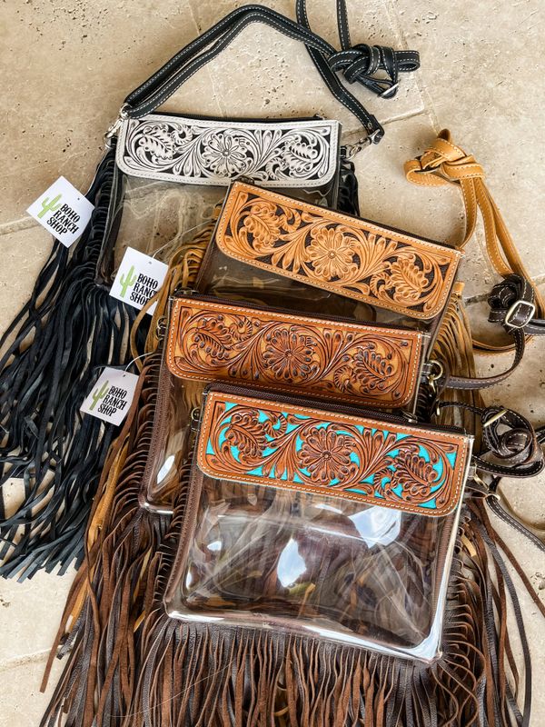 Hand Tooled Clear Purse Crossbody - Concert Game Day Stadium: BLACK/ BLACK