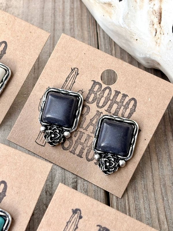 Western Style Square Stone &amp; Flower Stud Earrings: Black