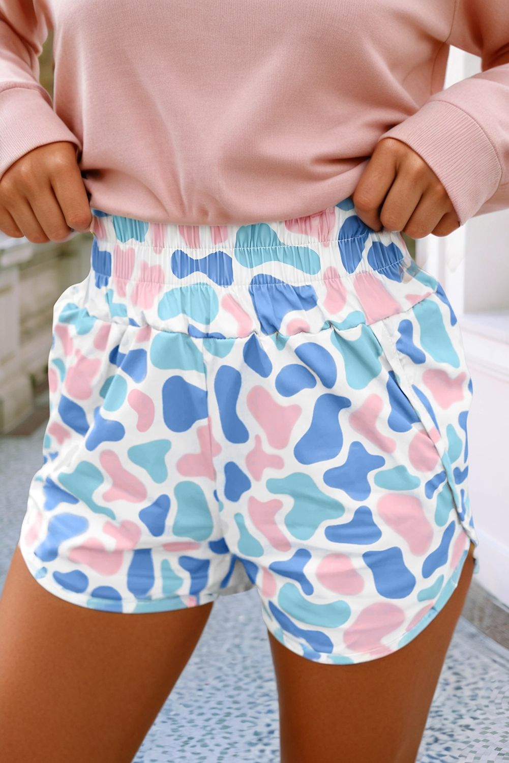 Camouflage Print Shirred High Waist Athleisure Shorts |S-4X: Camouflage-Sky Blue, Size: Small