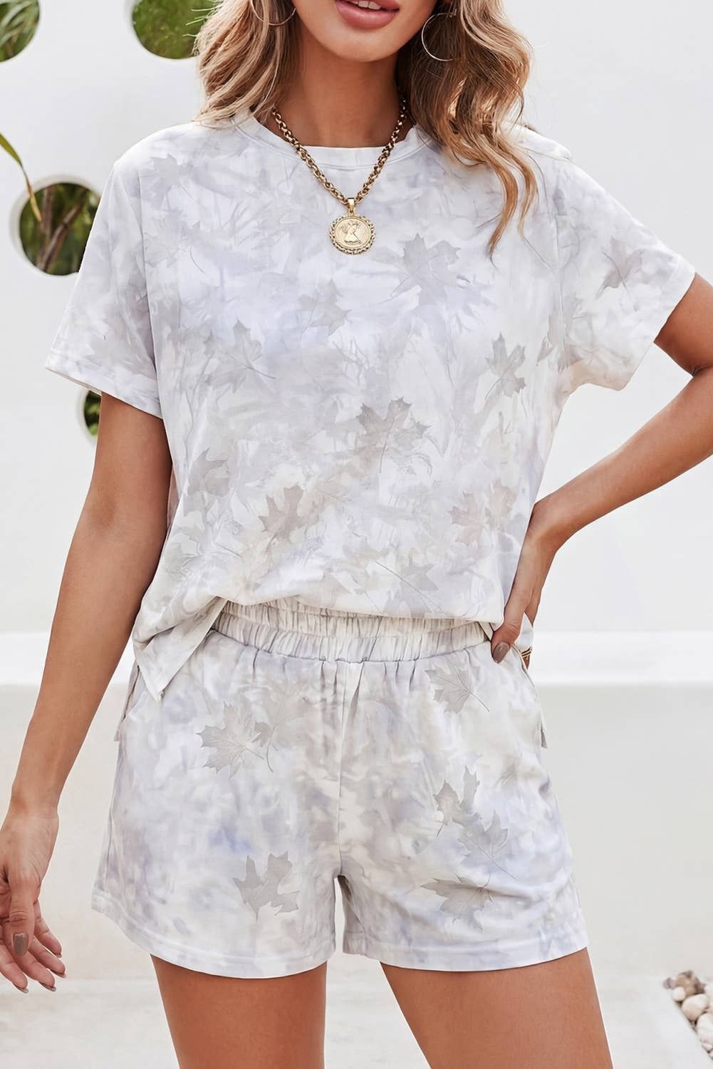 LDC Woodland Camouflage Casual 2pcs Short Set: White / M