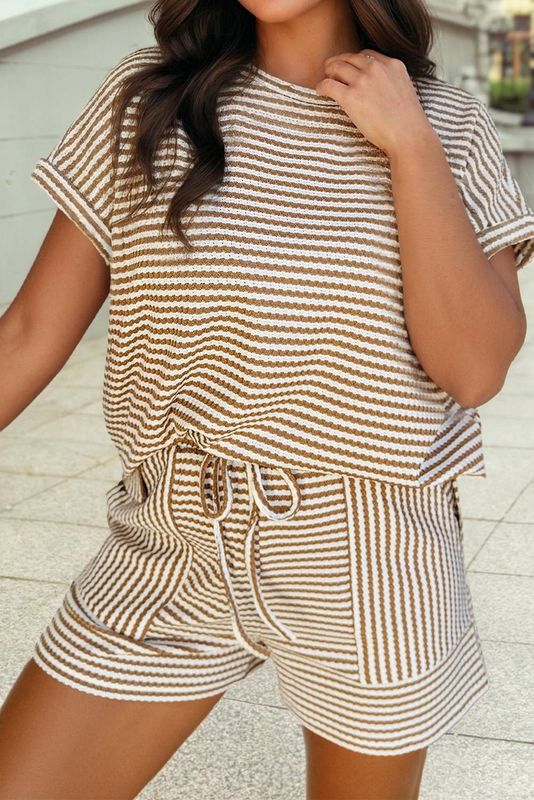 Striped Textured Knit Top and Short 2pc Sets: Brown Stripe