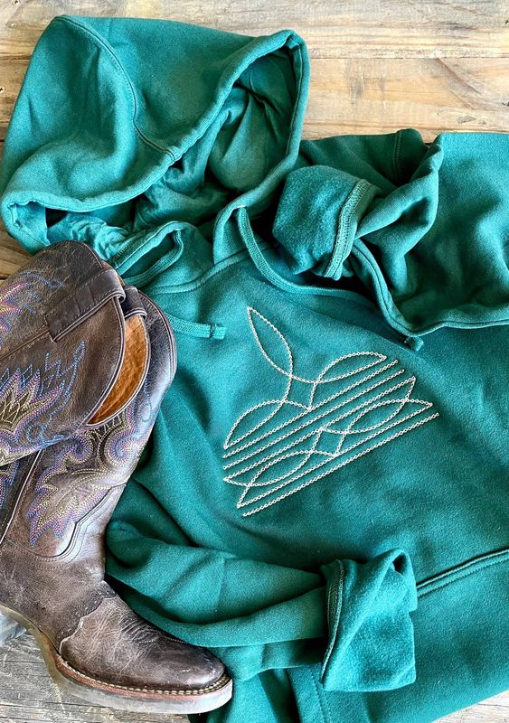 BOOT STITCH EMBROIDERED HOODIE: Forest Green / L