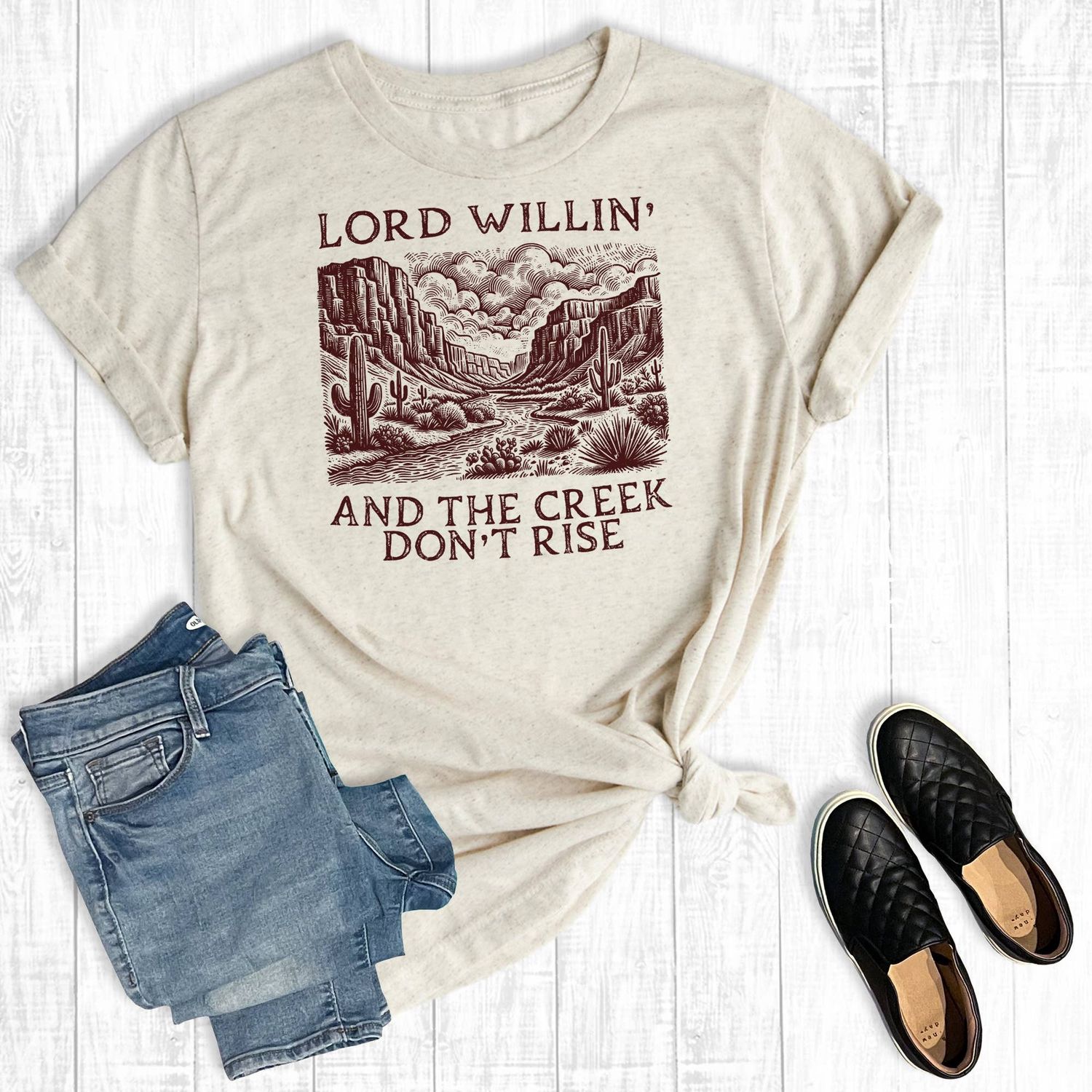 Western Lord Willing And The Creek Don't Rise Graphic Tee: Oat / M / Short Sleeve