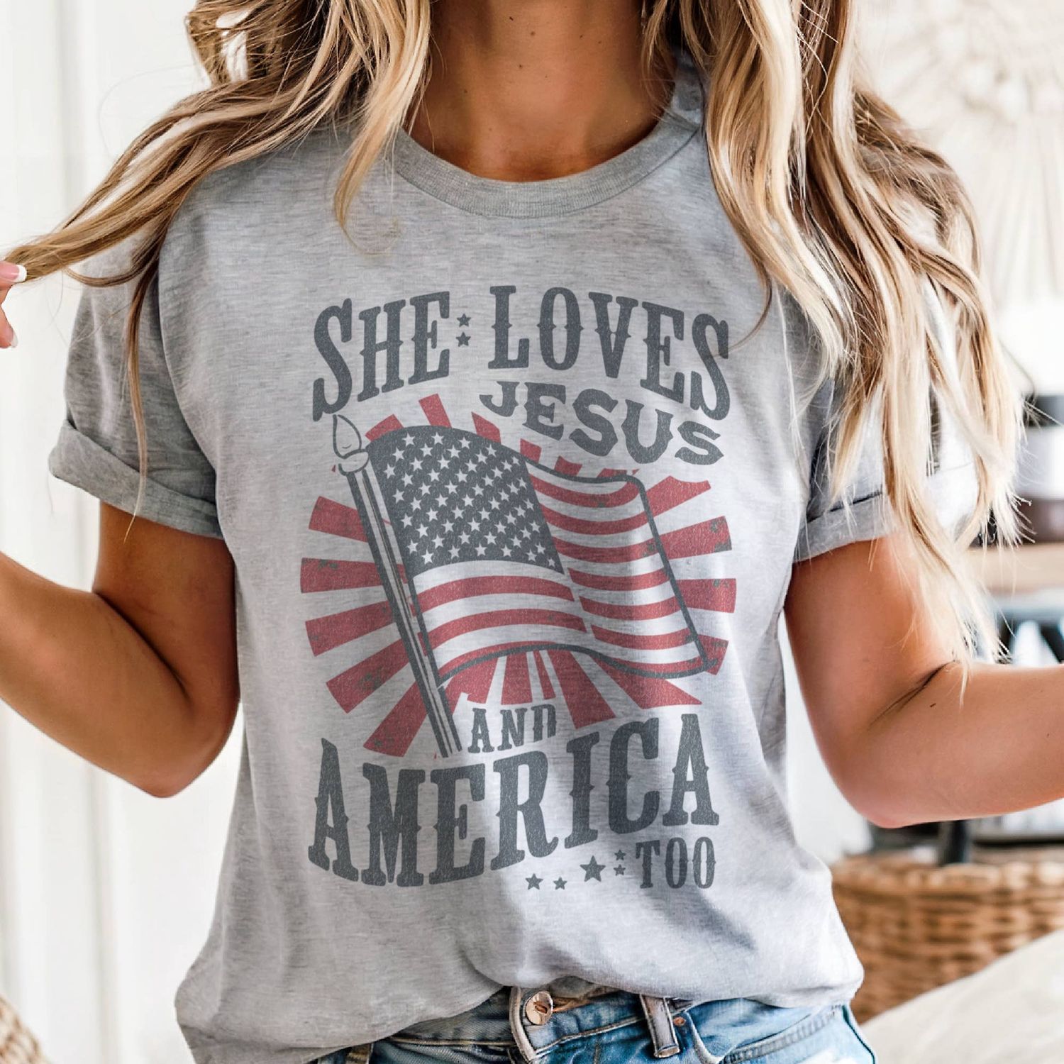 Vintage USA She Loves Jesus and America Too Graphic Tee: Heather Gray, Size: Small