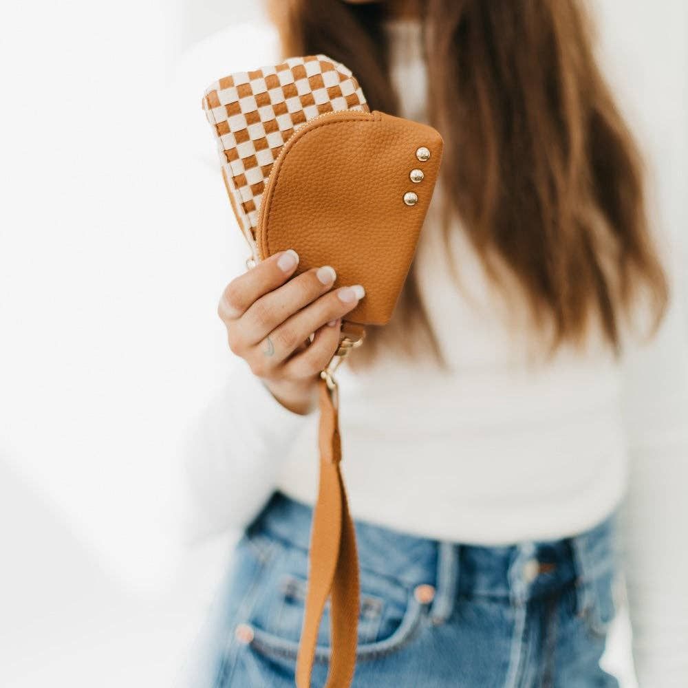 Wonderlust Woven Dual Pouch Wristlet: Brown Checkered