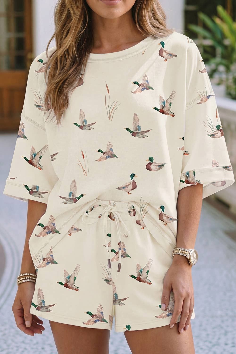 LDC Shift High Waist Mallard Duck Print Short Sleeve Set: Beige / L