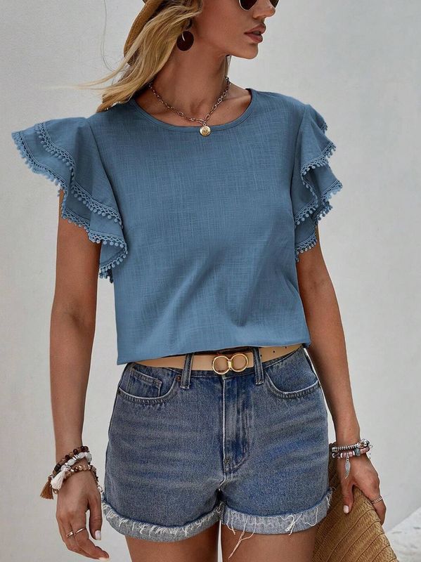 Round Neck Loose Ruffle Short Sleeved Top For Women: Blue / L