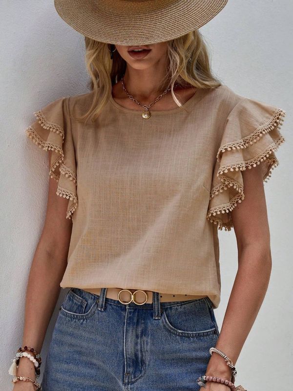 Round Neck Loose Ruffle Short Sleeved Top For Women: Beige / M