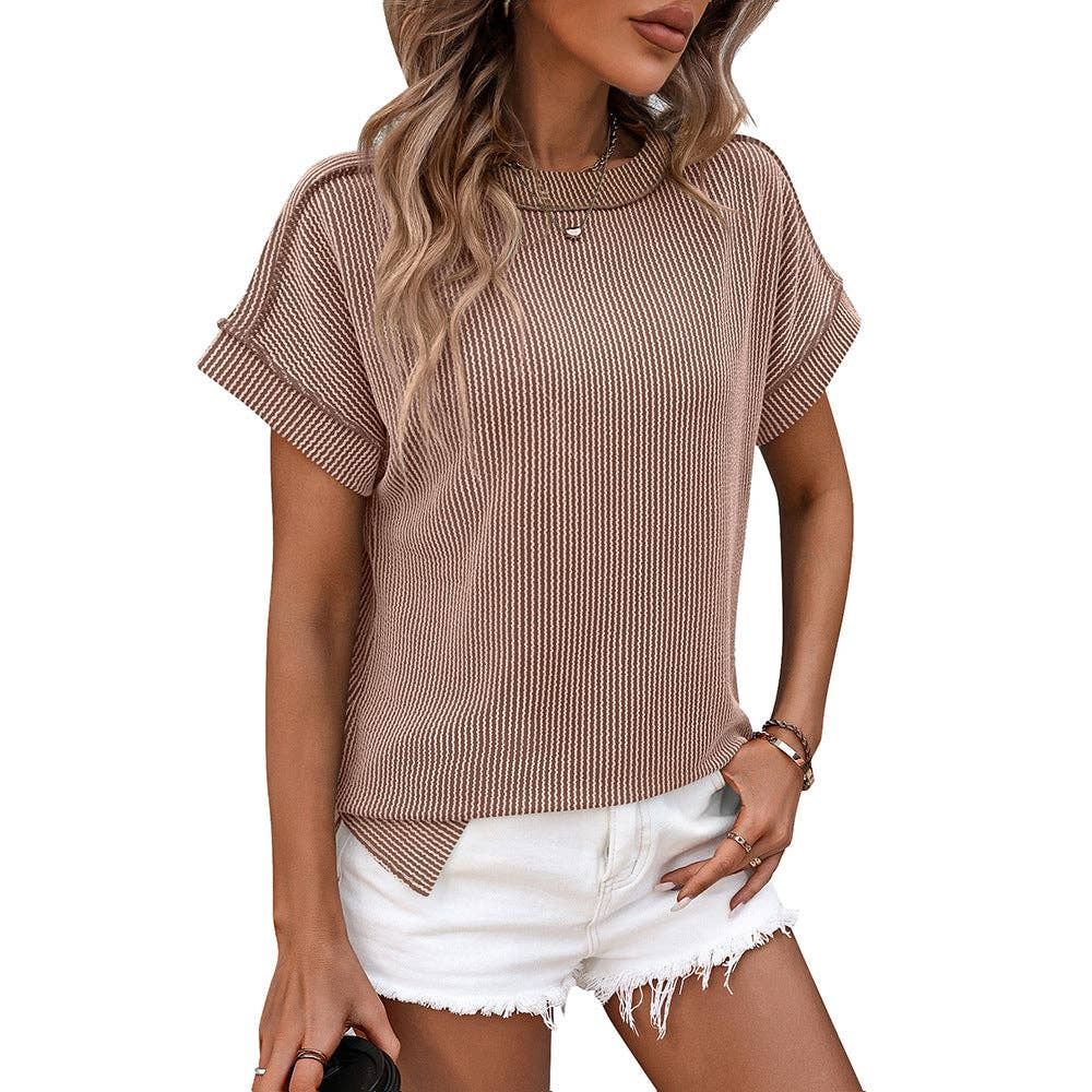 Women Textured Stripe Crew Neck Short Sleeve Loose Tee: Khaki, Size: Large
