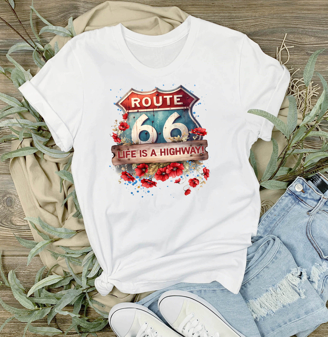 Route 66 Life is a Highway  T-Shirt: White, Size: Small