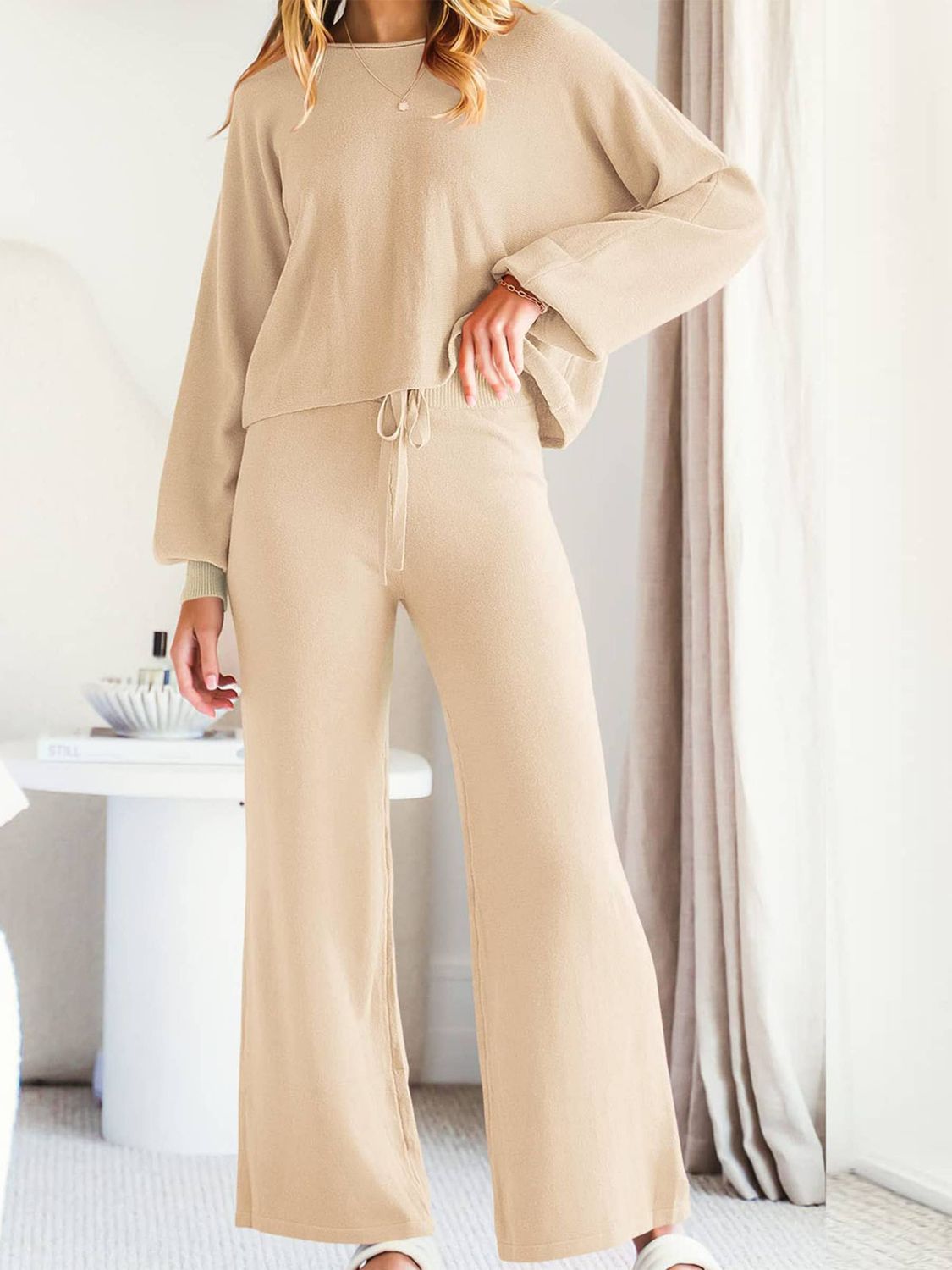 Round Neck Top With Drawstring and Elastic Pants Set: Beige, Size: Small