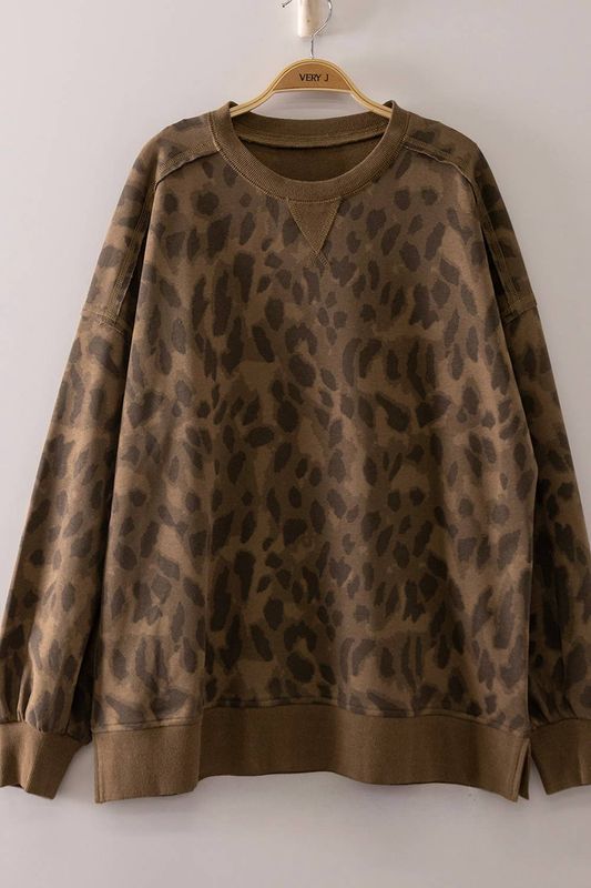 NT12770-Printed Crew Neck Sweatshirt: MOCHA ABSTRACT SPOT