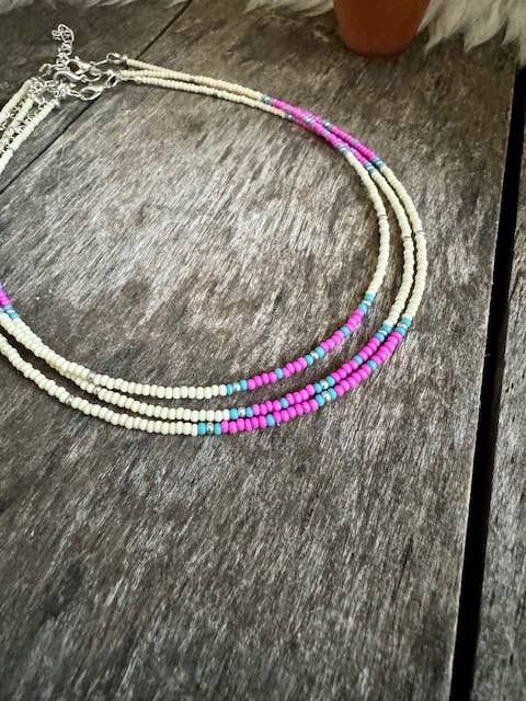 Beaded Choker/Seed Bead Choker/Small Choker/Neon Choker: Bone / Pink