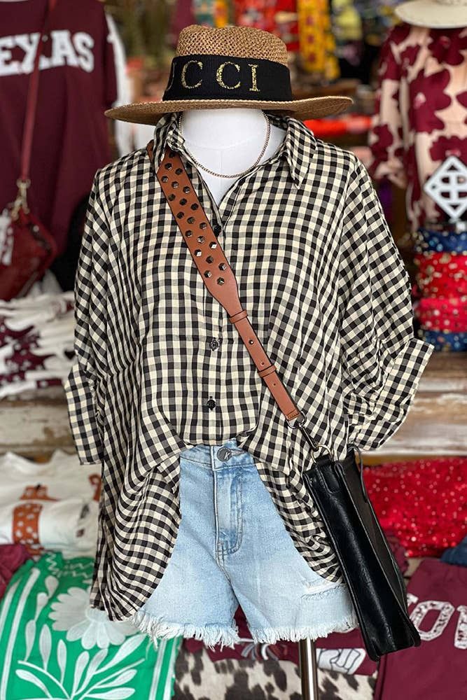 Plaid Print Button Up Oversize Blouse Shirt BBSP045: Black, Size: Small