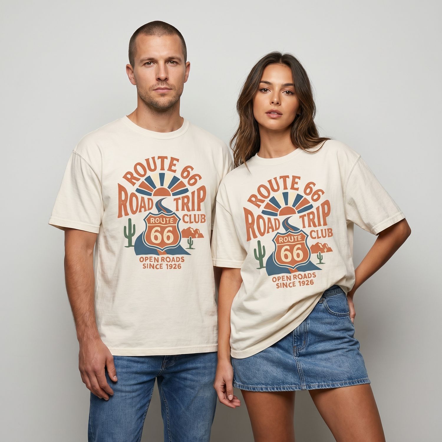 Route 66 Road Trip Club Tee - Vintage Open Roads Graphic Shirt: Ivory, Size: Small