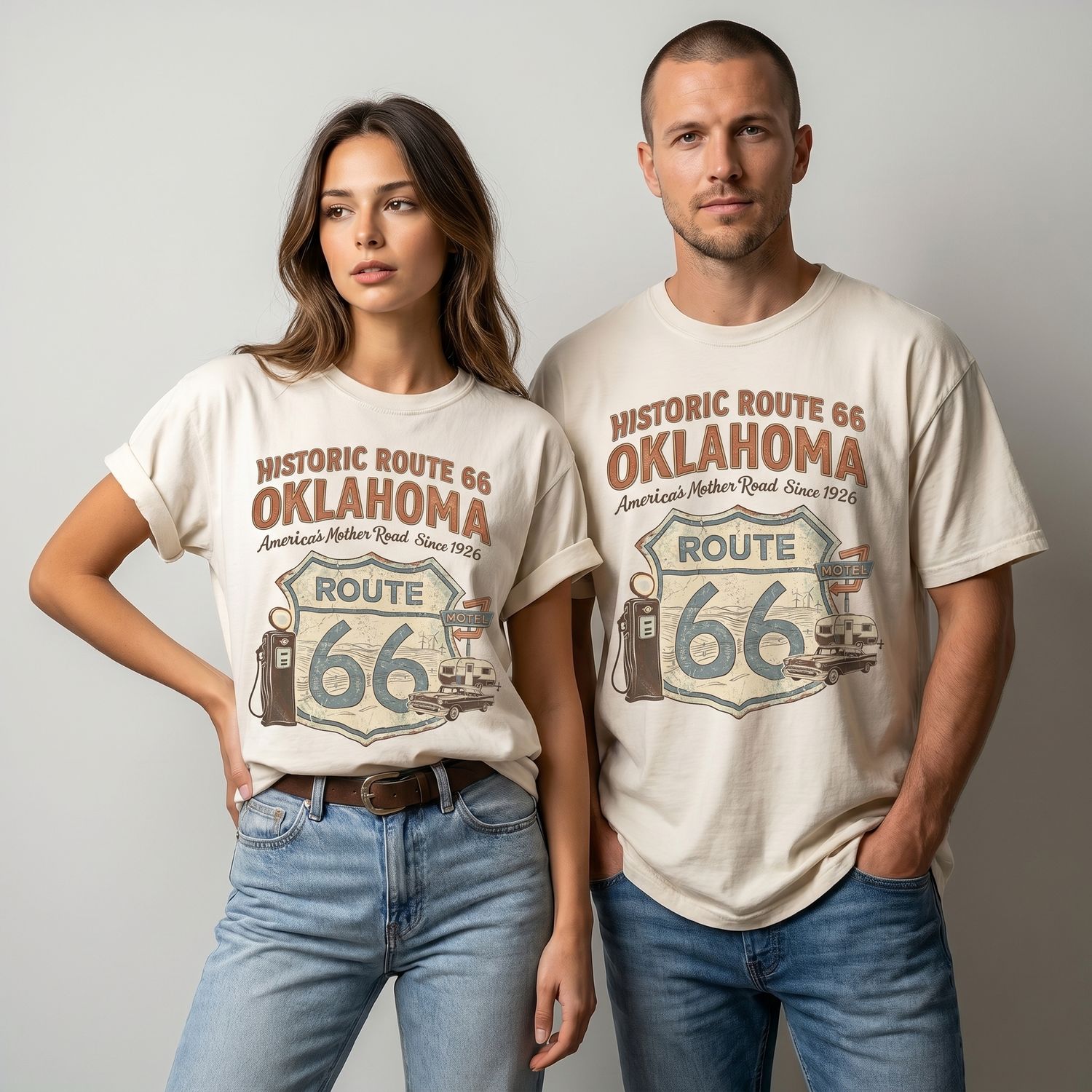 Historic Route 66 Oklahoma Tee - Vintage Mother Road Road Trip Graphic Shirt: Ivory / S, Size: Small