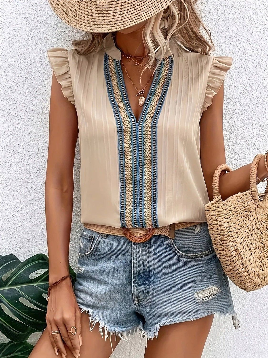 Women's Vintage Lace Collar Sleeveless Ruffle Blouse: Khaki, Size: Small