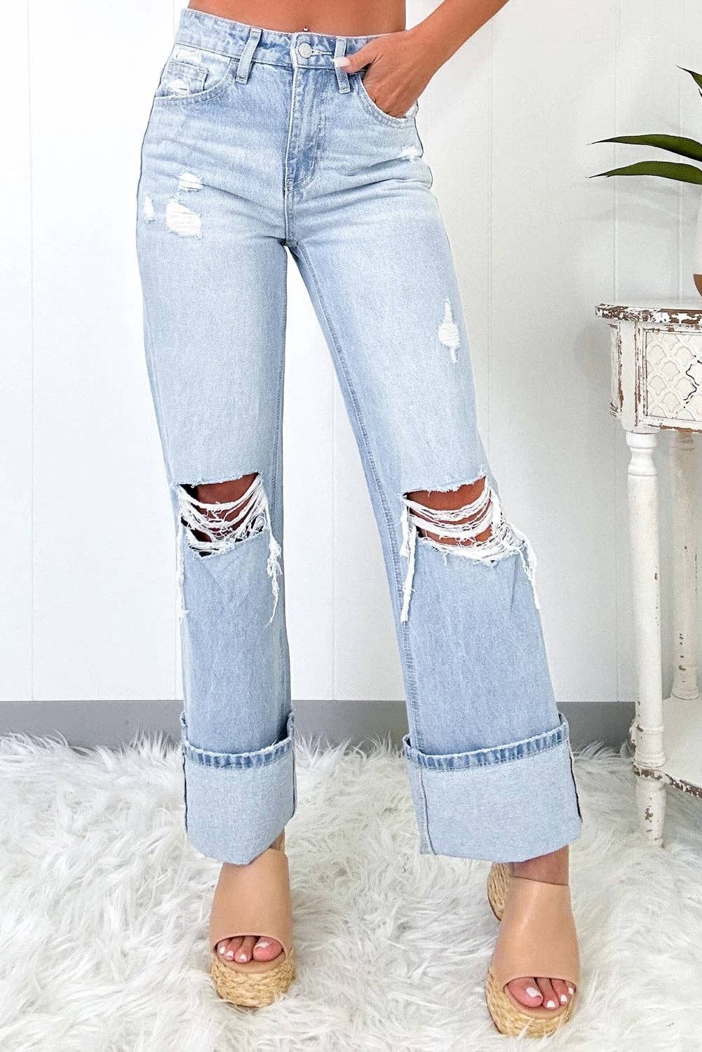 Beau Blue Light Wash Distressed Flare Jeans: Beau Blue / 93%Cotton+5%polyester+2%Elastane, Size: 6