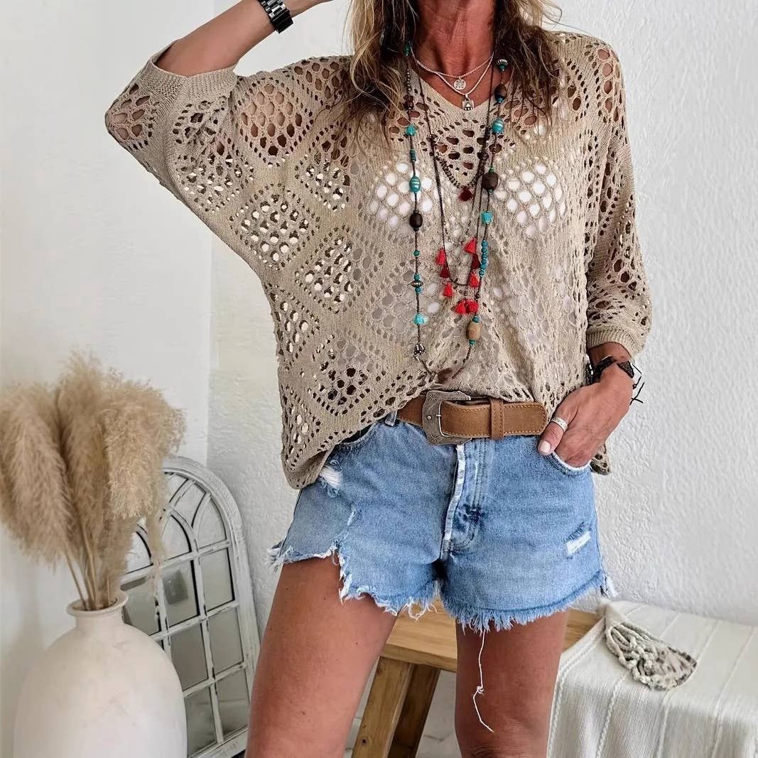 Knit V-Neck Diamond Cut-Out Batsleeves Blouse: Khaki, Size: Small
